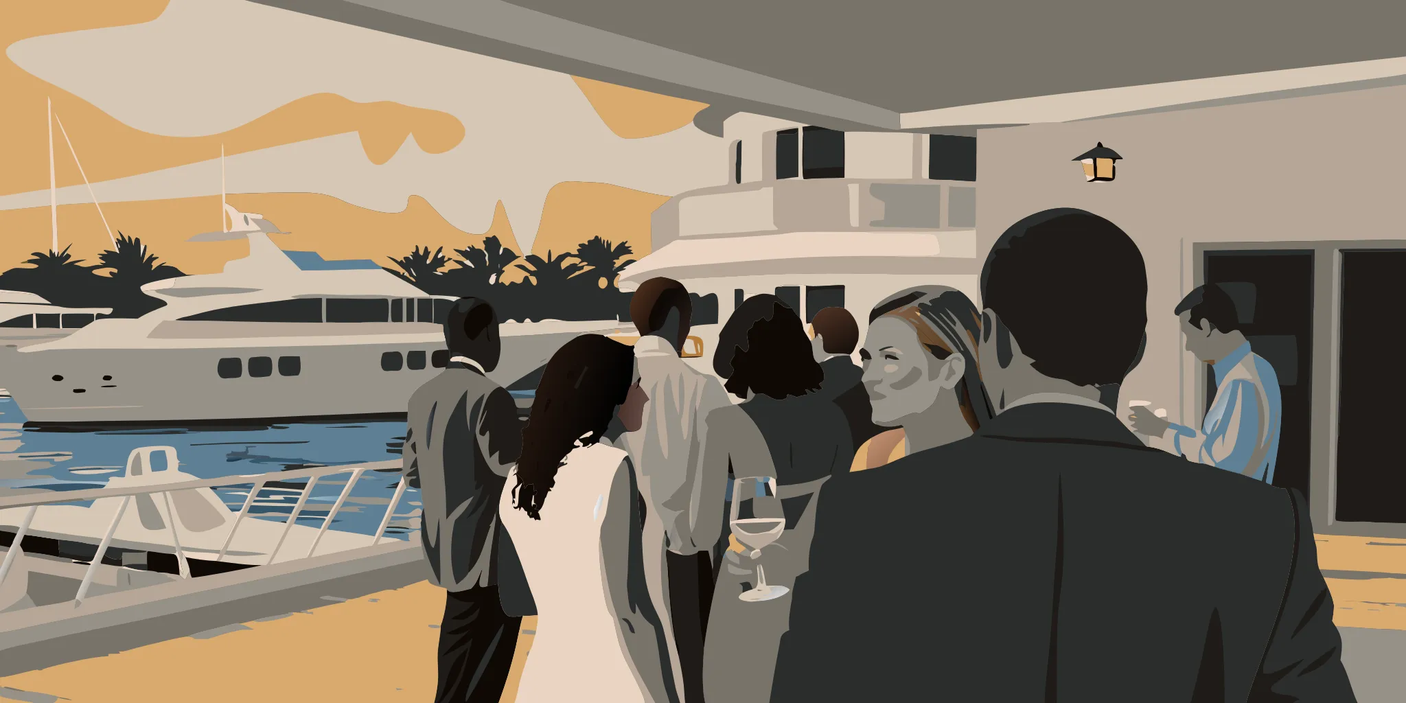 Affluent professionals networking at a waterfront clubhouse terrace overlooking yachts