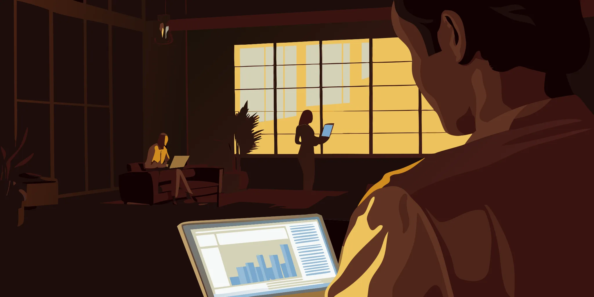 Media buyer measuring the metrics of a place-based advertising campaign on a laptop