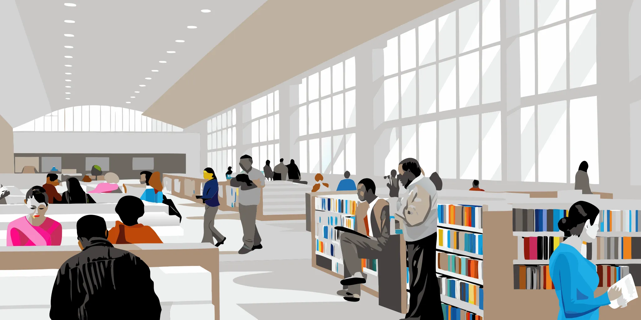 Library advertising displays inside a modern public library