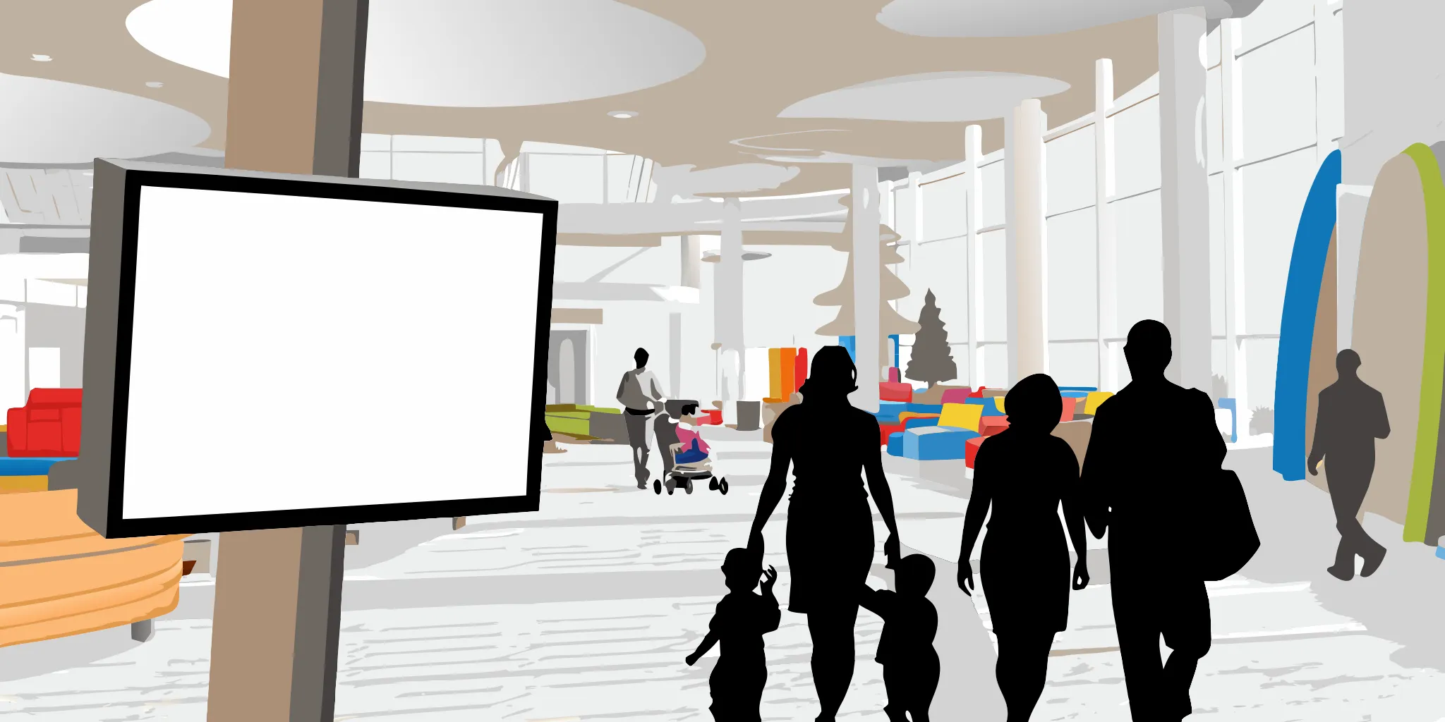 Recreation center advertising display near a family-focused lobby