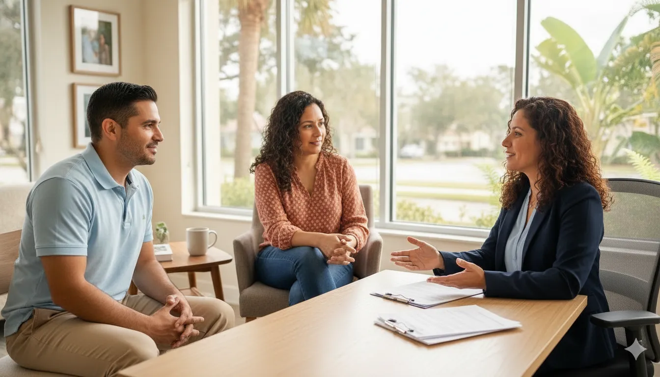 Florida couple reviewing accelerated death benefit policy terms with an advisor