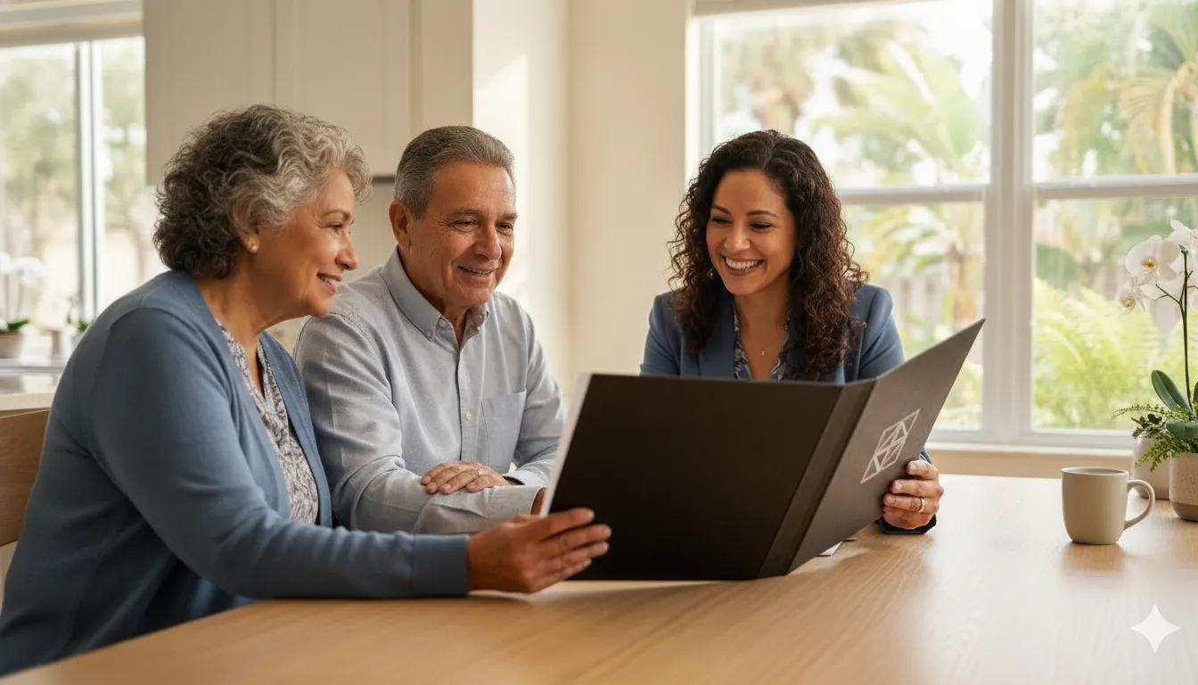 Bilingual insurance advisor reviewing an annuity contract with a Florida couple