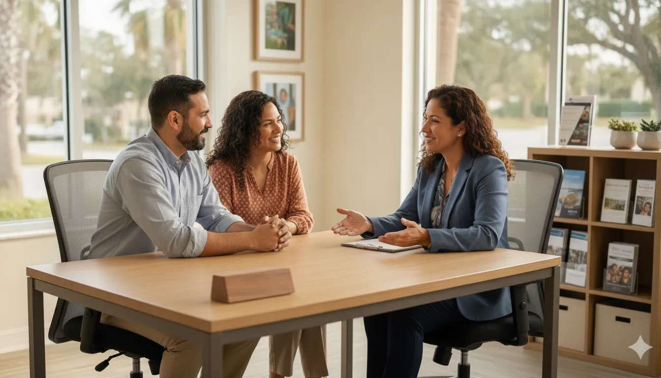 Florida family comparing ACA provider networks with a bilingual advisor