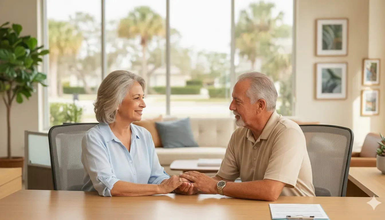 Florida retiree discussing retirement cash flow with a bilingual insurance advisor