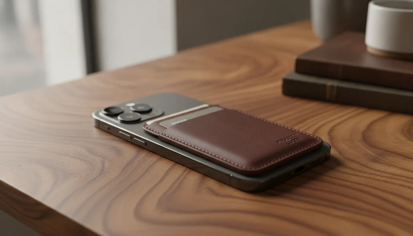 Full-grain leather NYTSTND MagSafe wallet on an iPhone showing the slim profile and card slot