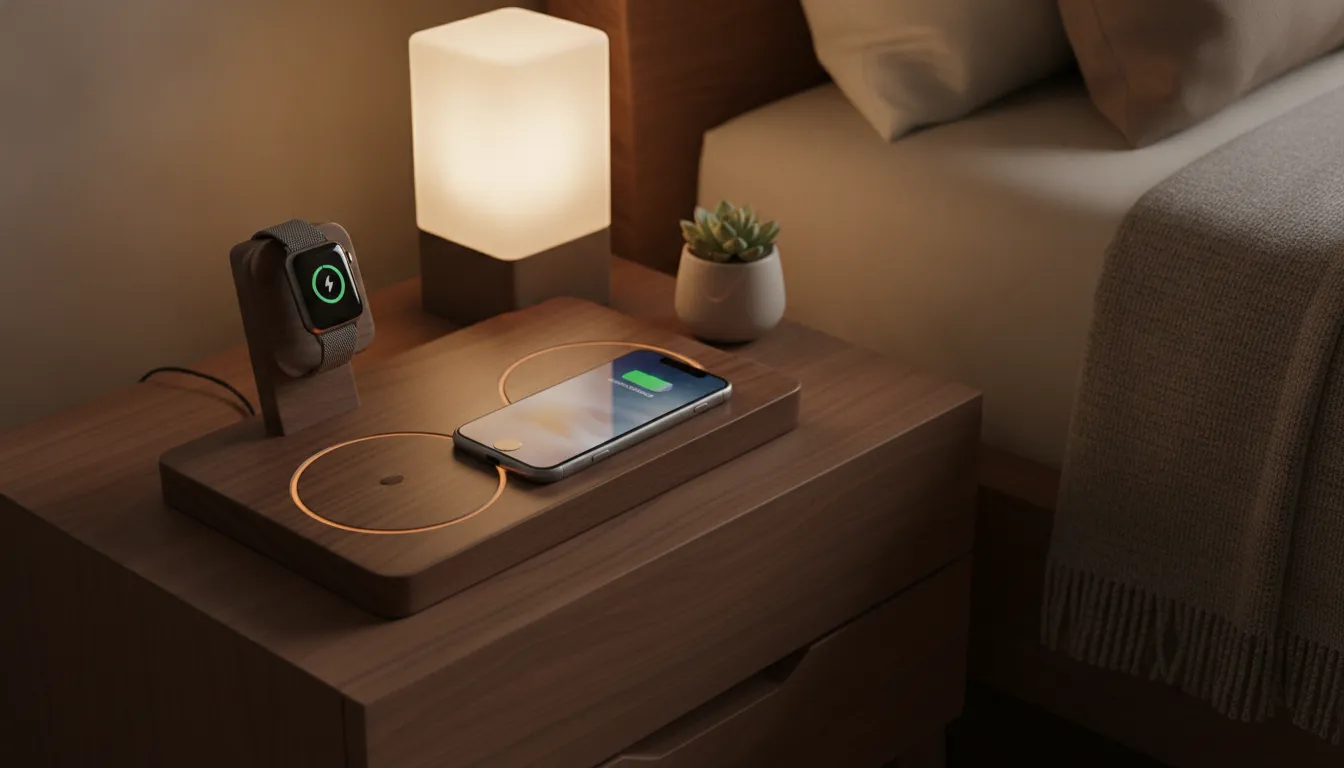Luxury wooden wireless charging station with iPhone and Apple Watch on a bedroom nightstand