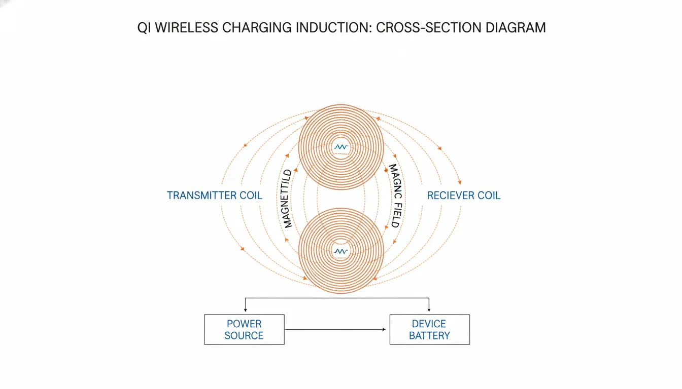 Diagram showing Qi wireless charging induction with transmitter and receiver copper coils and magnetic field lines