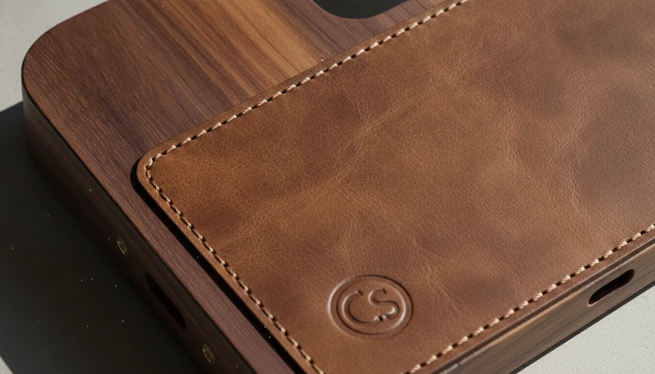 Close up detail of walnut wood grain and brown leather texture on a premium charging station surface