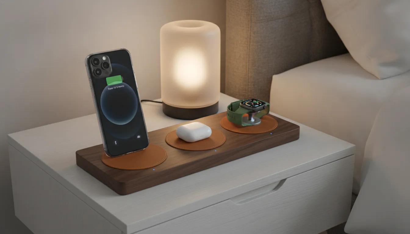 Premium wood and leather wireless charging station on a nightstand with iPhone, AirPods, and Apple Watch