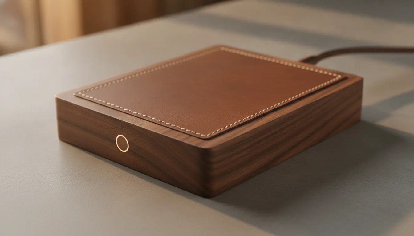 Handcrafted wood and leather wireless charging station on a wooden nightstand, close-up details