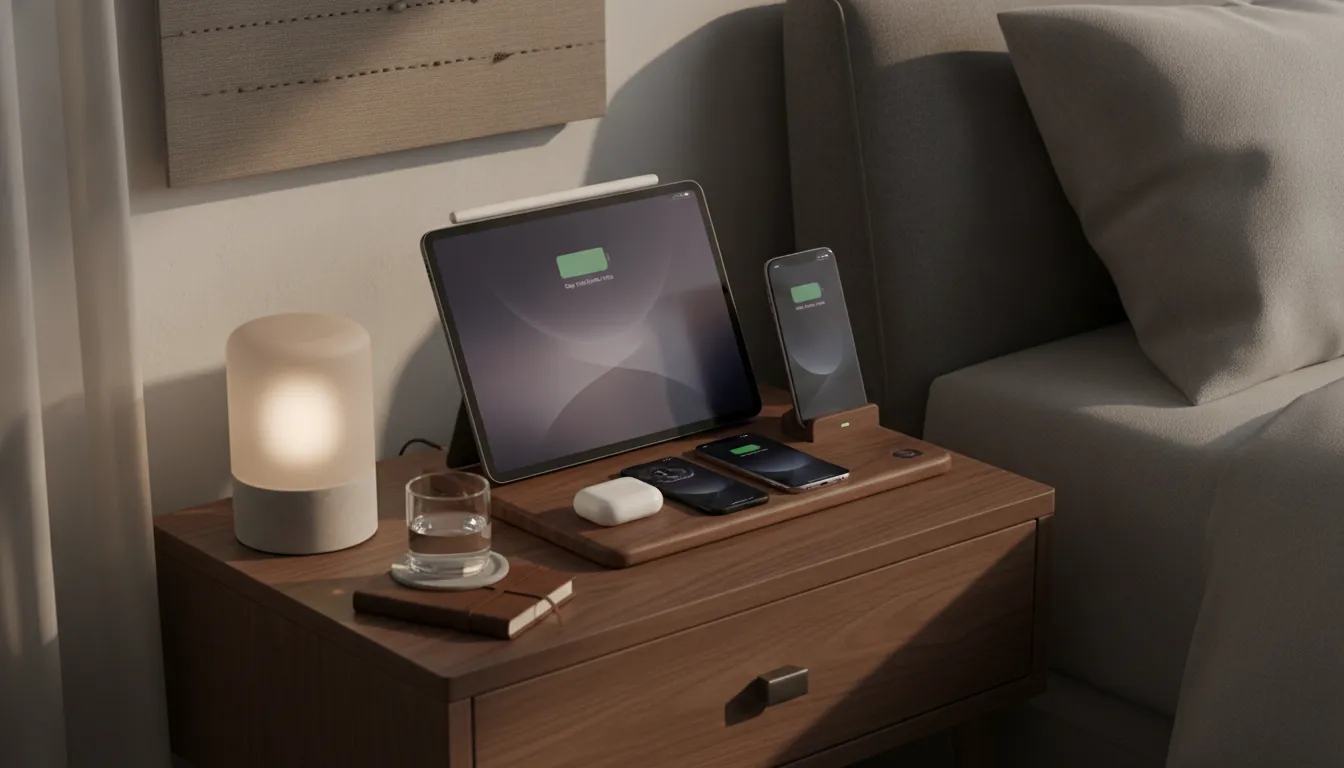 Premium wood charging station with iPad, iPhone, and AirPods on a walnut nightstand