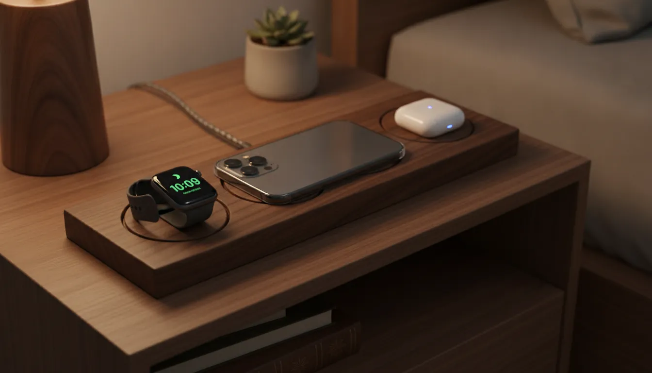 Premium 3-in-1 wireless charging station on a walnut nightstand with Apple Watch in nightstand mode, iPhone, and AirPods with warm ambient lighting