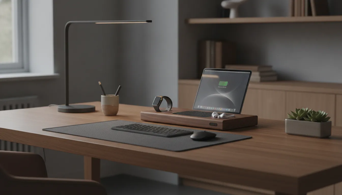 Modern home office desk with premium wood wireless charging station organizing iPhone, Apple Watch, and AirPods on a clean oak surface
