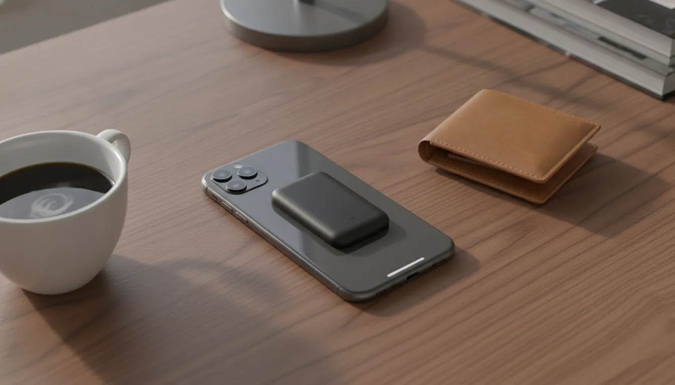 Ultra-slim and standard slim MagSafe power banks side by side on a walnut desk