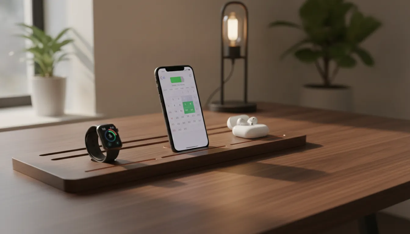 Close up of a premium wood desk charging station with an iPhone showing a calendar view, Apple Watch, and AirPods on a modern walnut desk with natural light