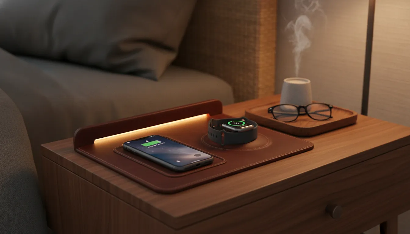 Premium leather charging station on walnut nightstand with iPhone and Apple Watch charging wirelessly