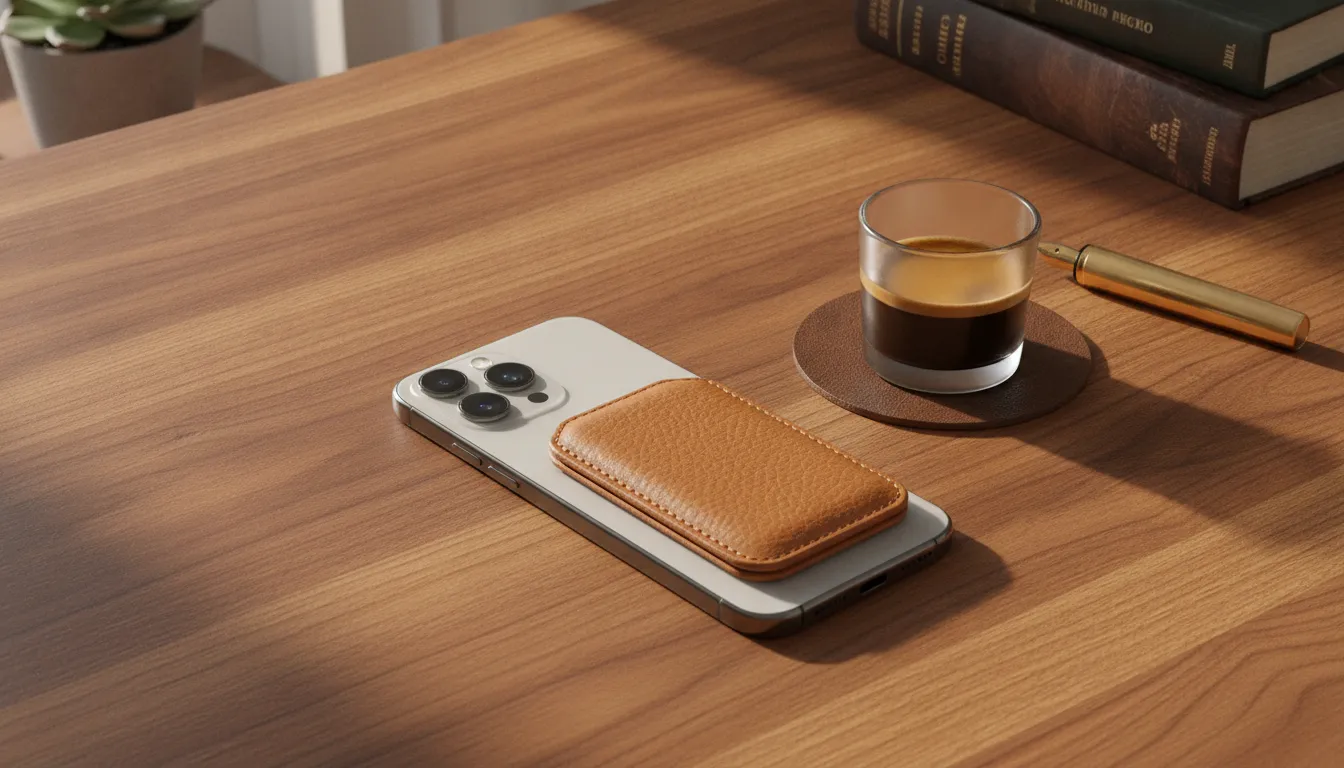 Elegant full-grain leather MagSafe wallet on a walnut desk next to an iPhone 15 Pro