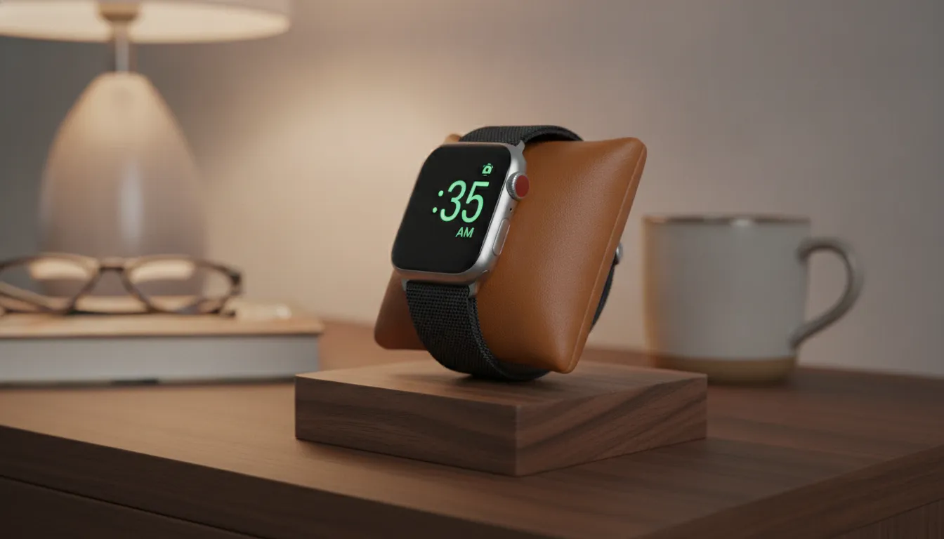 Close-up of a handcrafted wood and leather Apple Watch charging stand holding a watch sideways in nightstand clock mode with soft ambient lighting