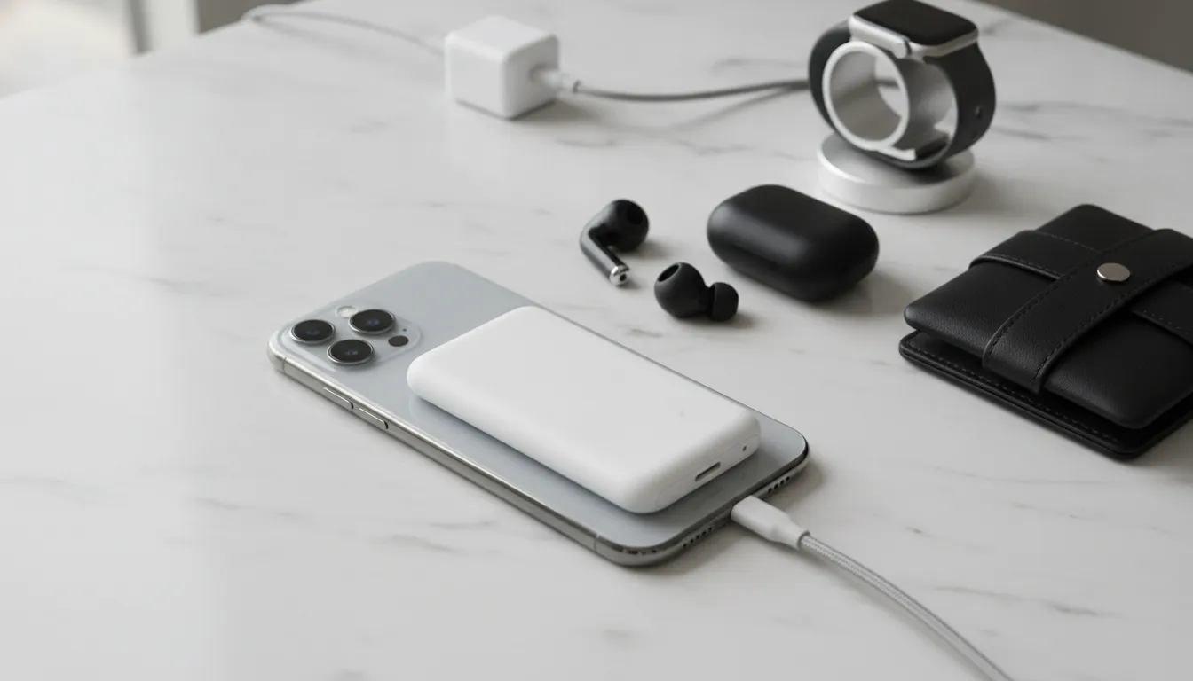 MagSafe power bank wirelessly charging an iPhone on a marble surface