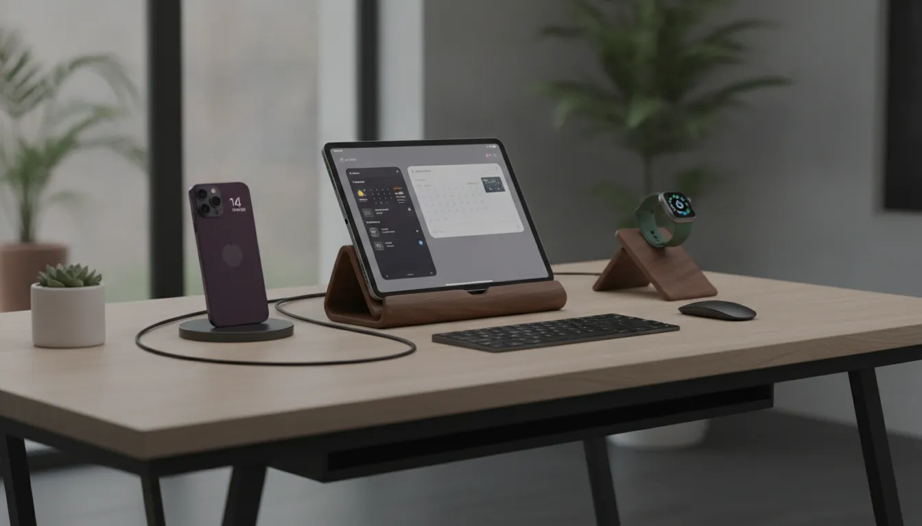Modern desk setup with iPad Pro docked on a premium wooden charging station