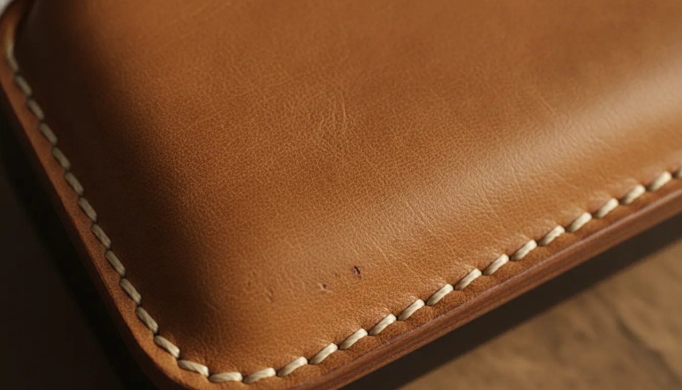 Close-up detail of hand-stitched full-grain leather on a premium charging station showing natural grain and craftsmanship
