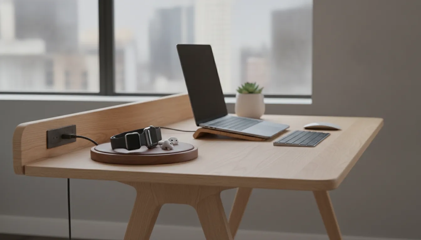 Side view of a sleek organized home office desk with a leather and wood wireless charging station holding multiple Apple devices in a clean modern workspace