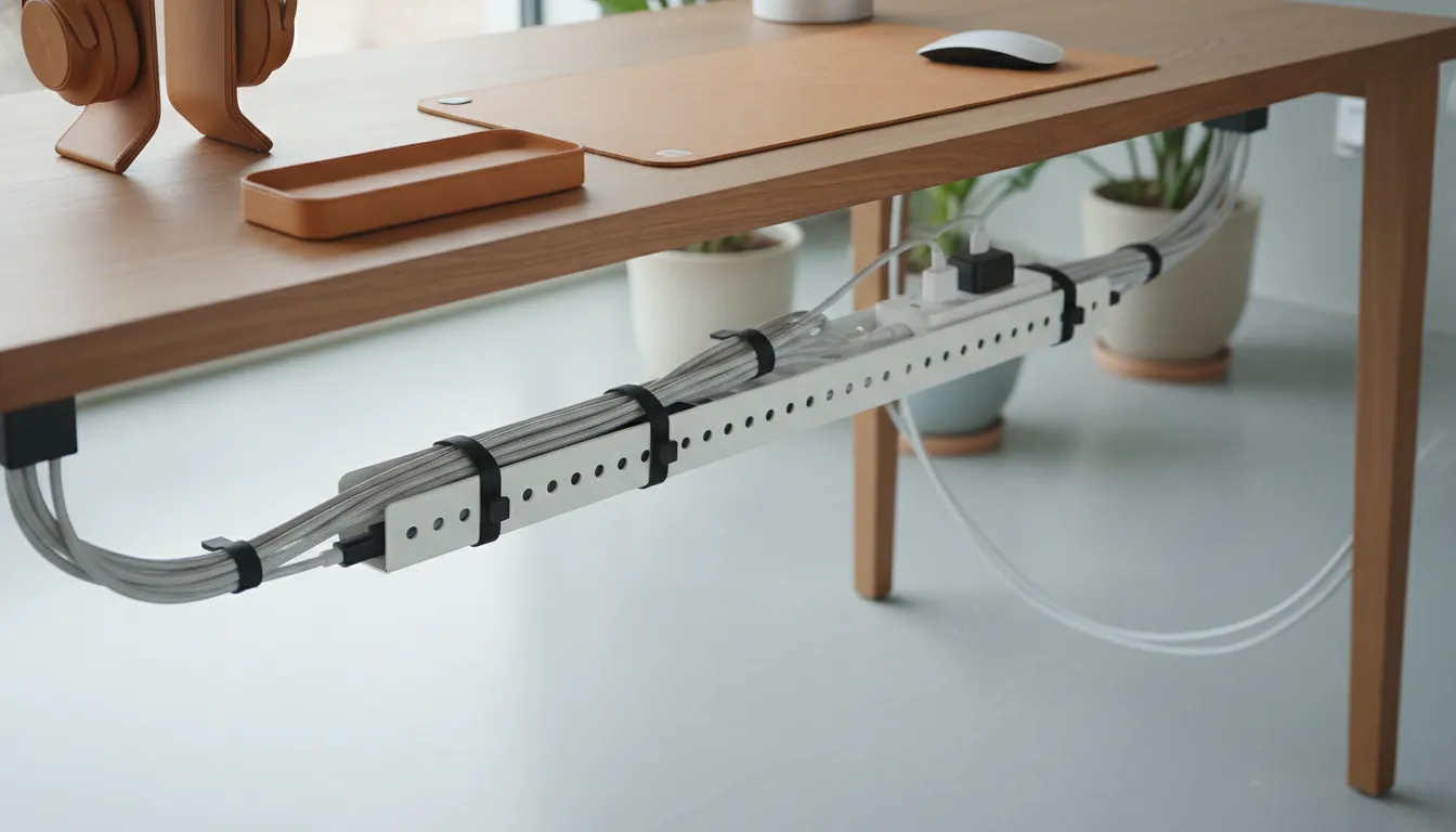 Clean cable management under a wood desk with leather accessories and organized cords