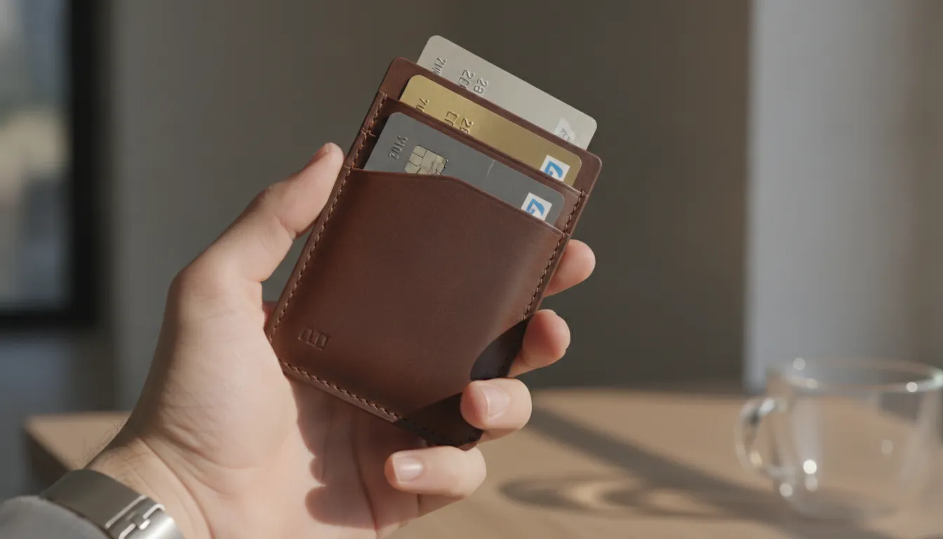 Premium leather MagSafe wallet held in hand with credit cards visible