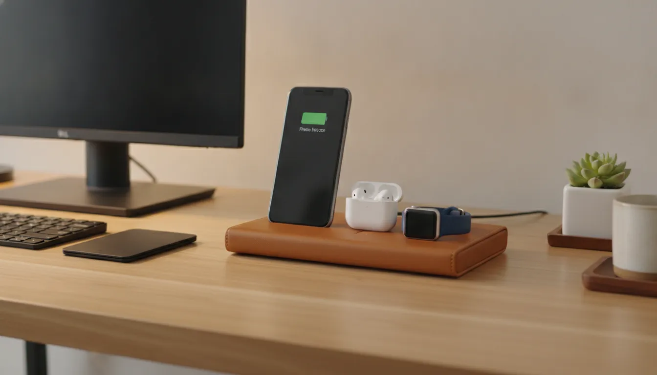 Complete desk organization setup with NYTSTND leather charging station holding iPhone, AirPods, and Apple Watch