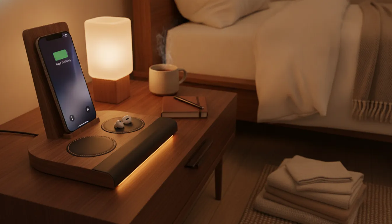 Premium NYTSTND MagSafe charging station on a modern bedside table