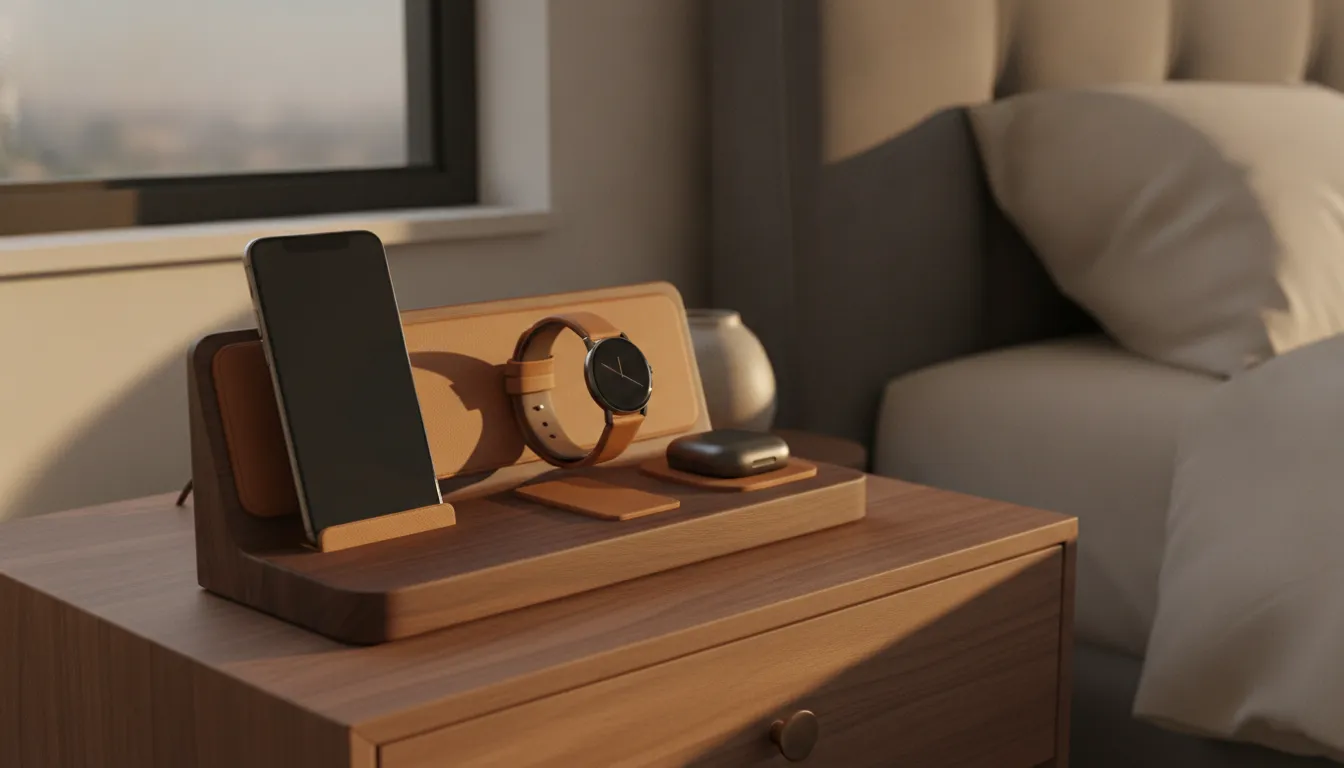 Multi device charging organizer with phone watch and earbuds on a bedside table