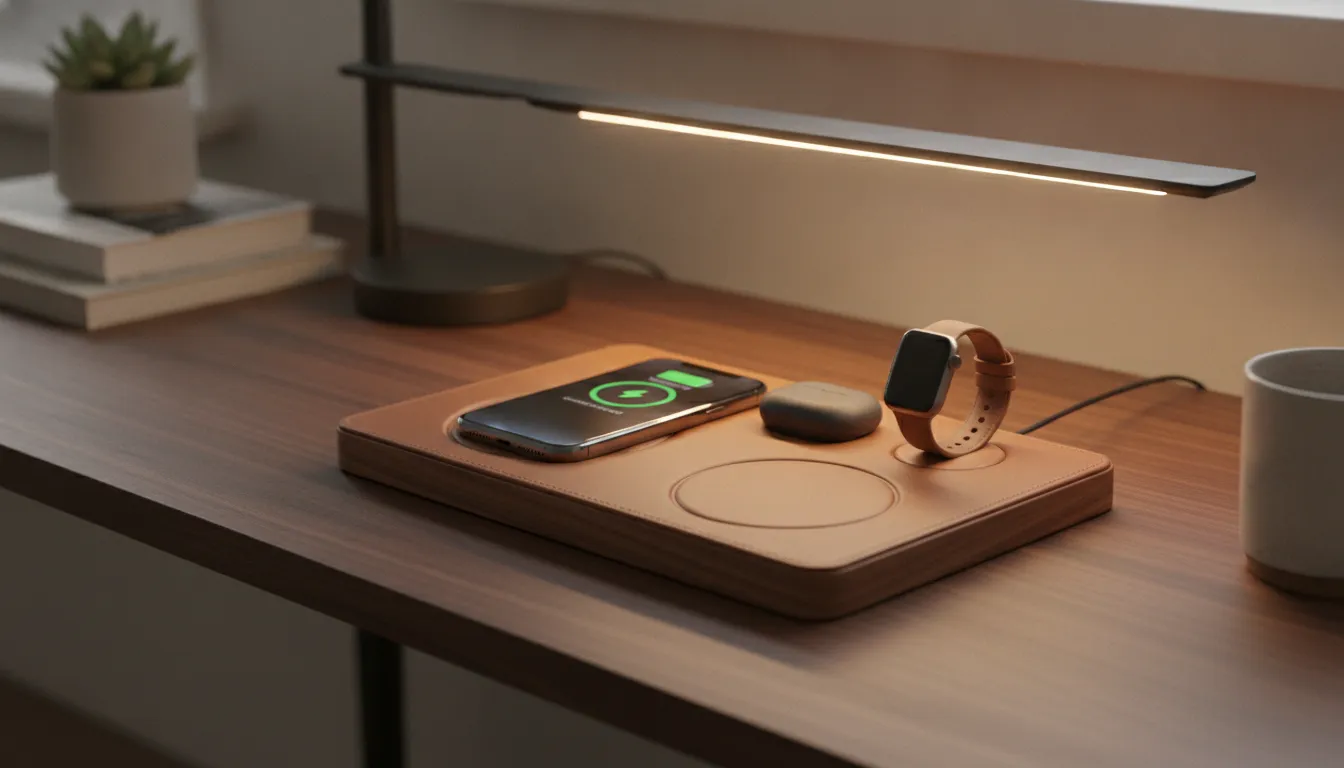 Wood and leather wireless charging station charging iPhone, Apple Watch and AirPods on walnut desk