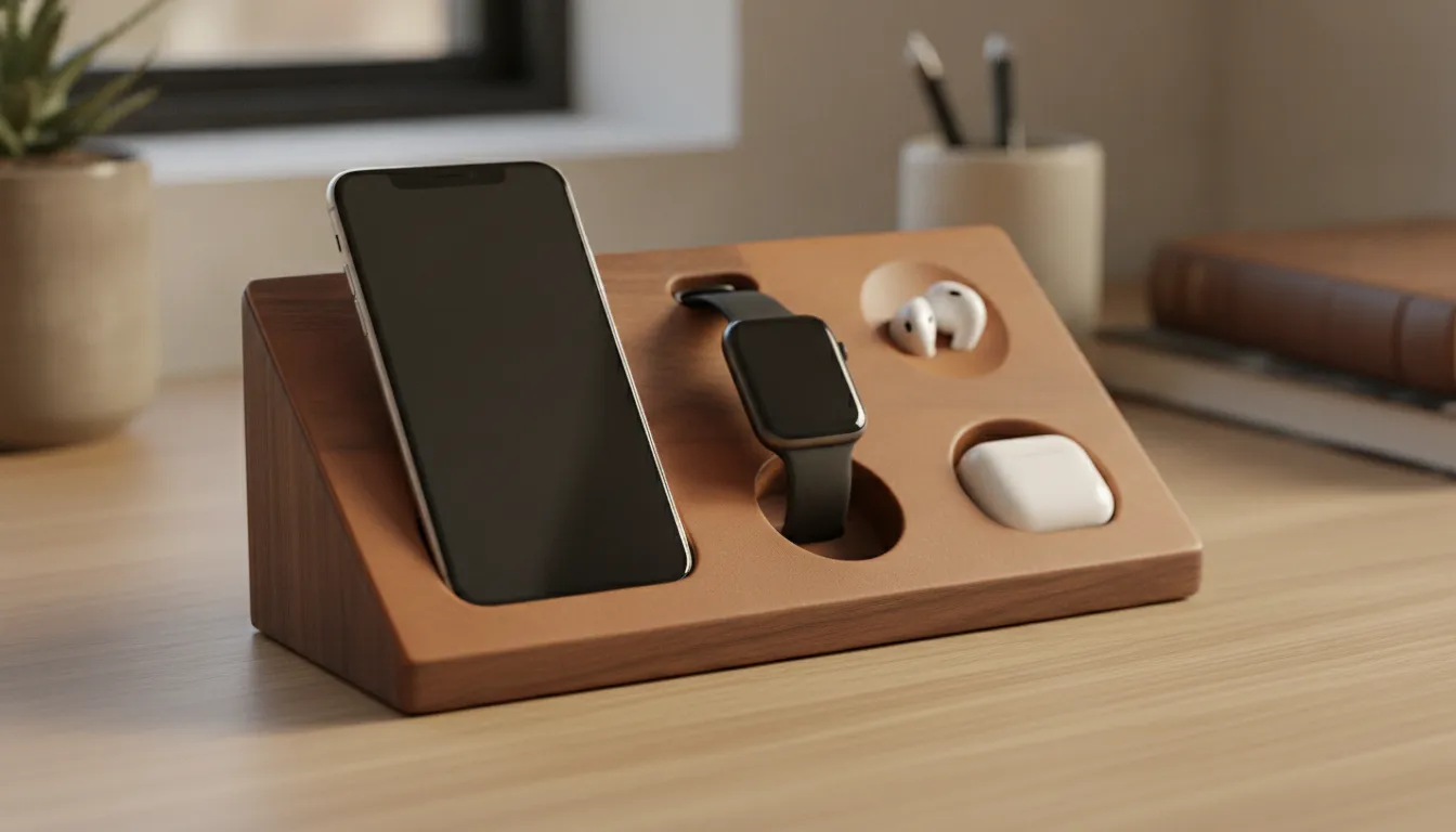 Wood and leather multi device charging organizer on a home office desk