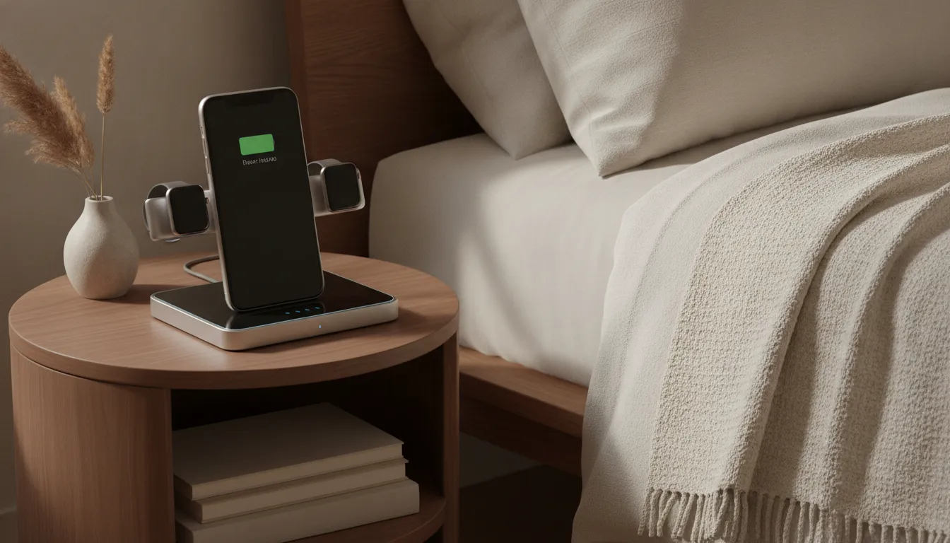 Landscape view of an iPhone and Apple Watch charging on a compact wood dock