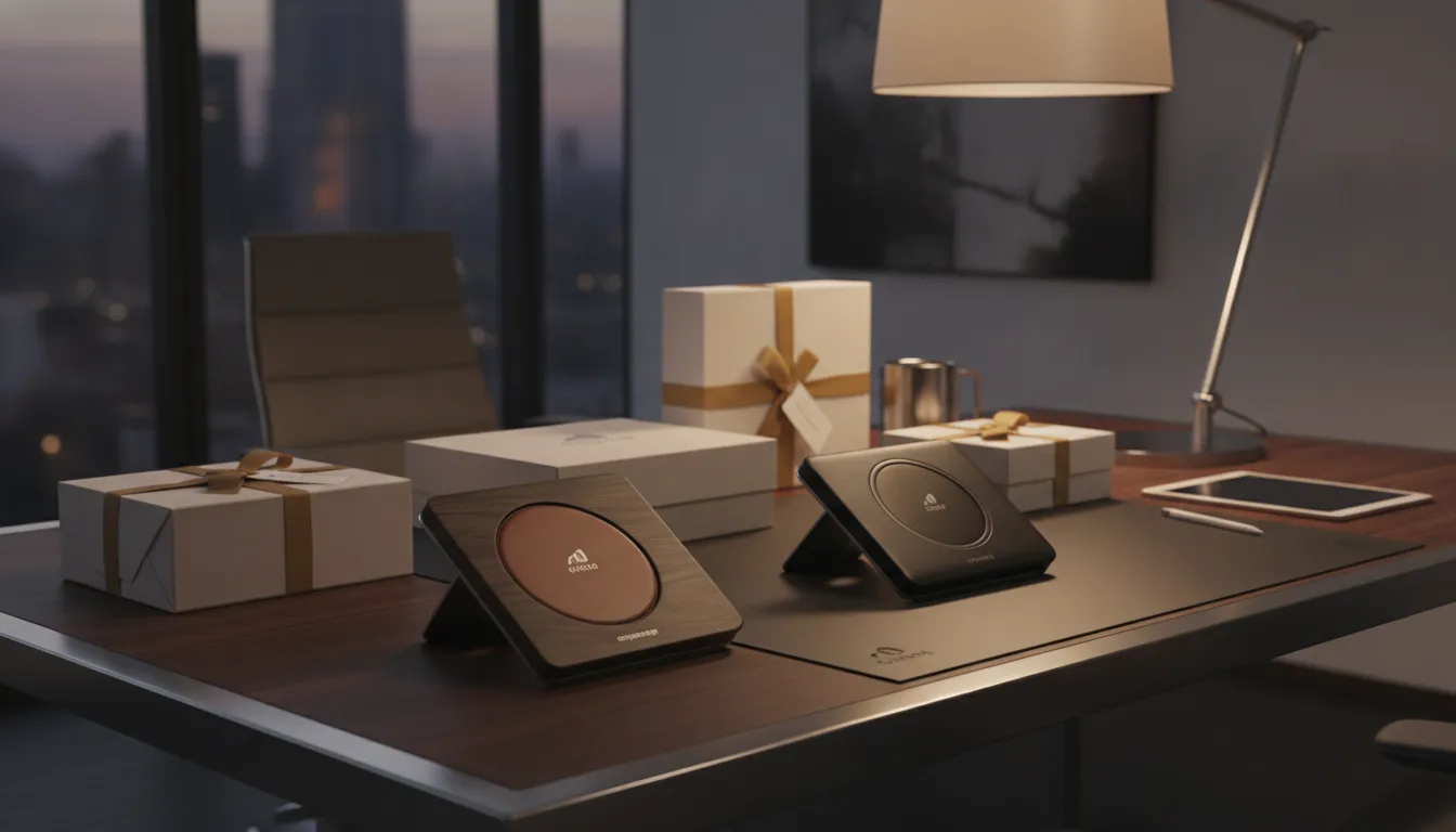 Corporate gift boxes arranged on an executive desk with handcrafted wood and leather wireless charging stations from NYTSTND