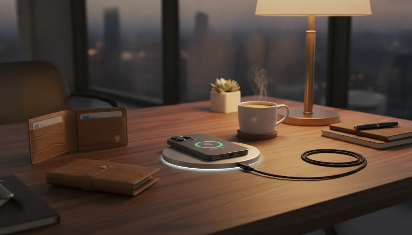 Premium wooden desk with iPhone, leather wallet, and MagSafe charging station in warm ambient lighting