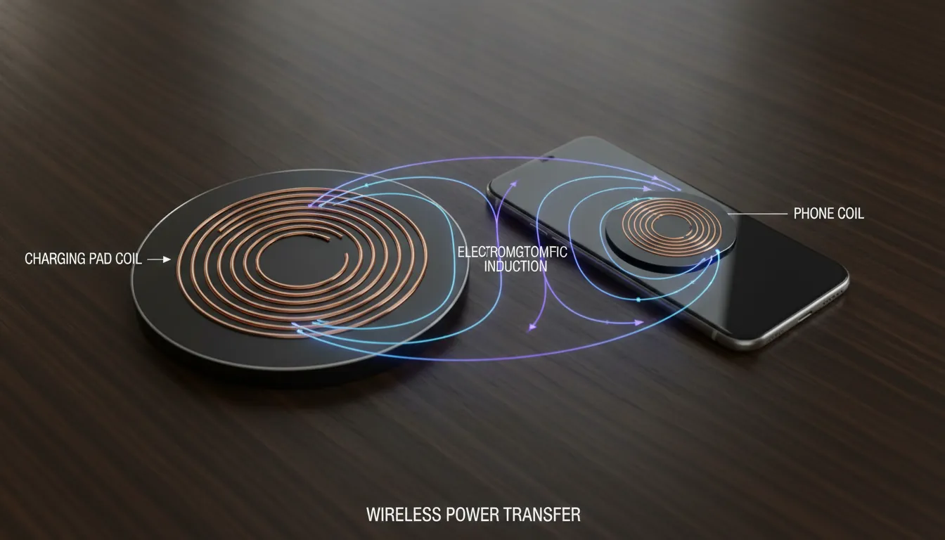 Diagram showing electromagnetic induction between wireless charging pad coil and phone receiver coil with magnetic field lines