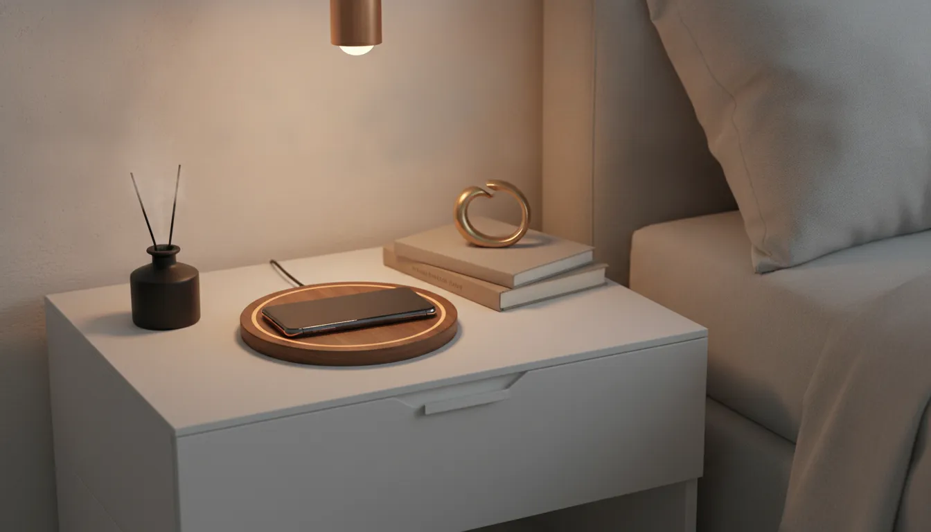 iPhone charging on a premium wood wireless charging station on a modern nightstand