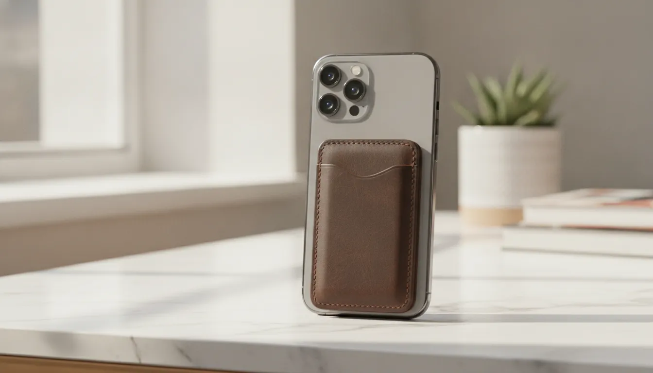 Full grain leather MagSafe wallet attached to iPhone on marble surface modern lifestyle