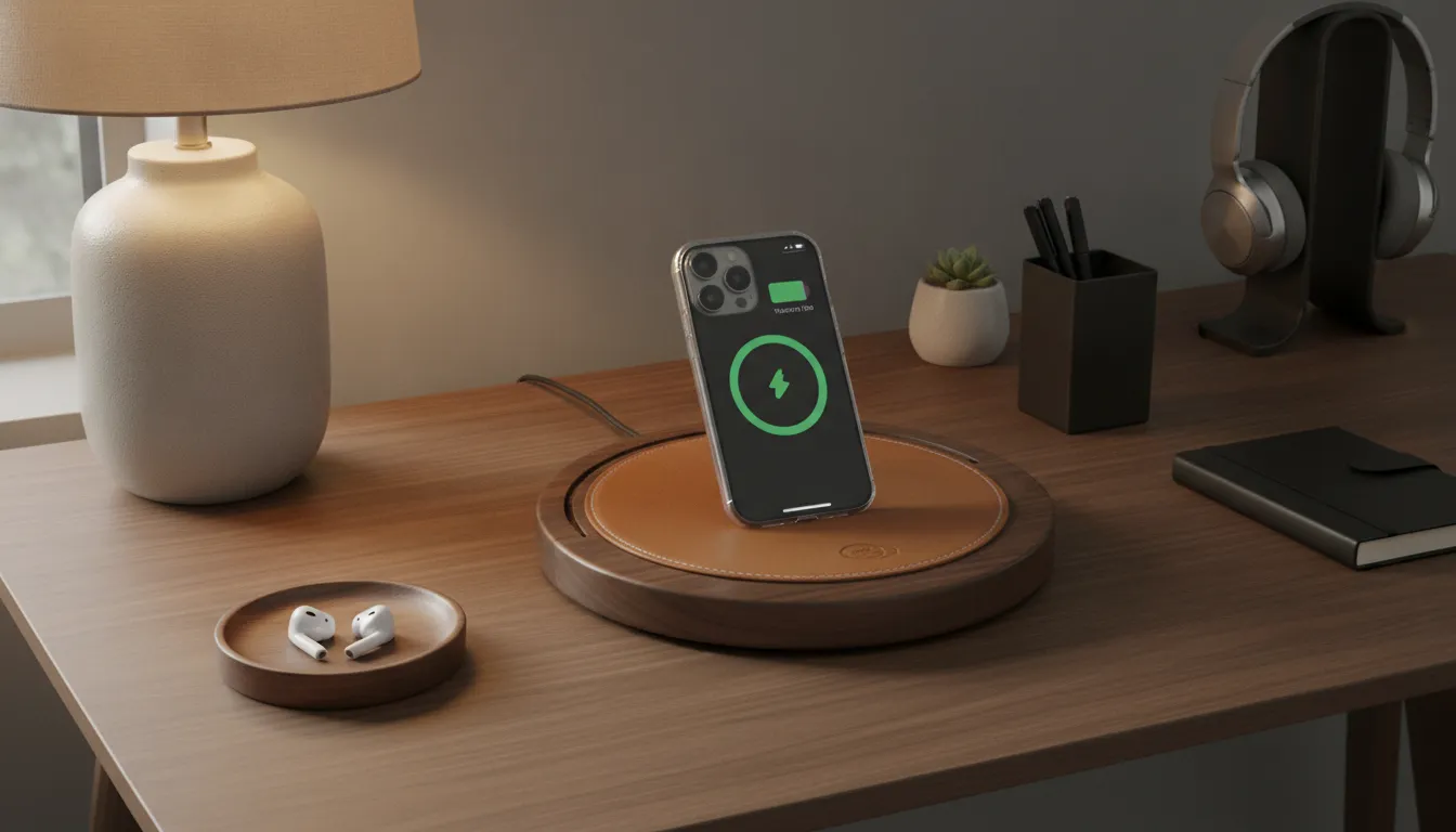 MagSafe wireless charging station on a walnut desk with iPhone charging and warm ambient lighting