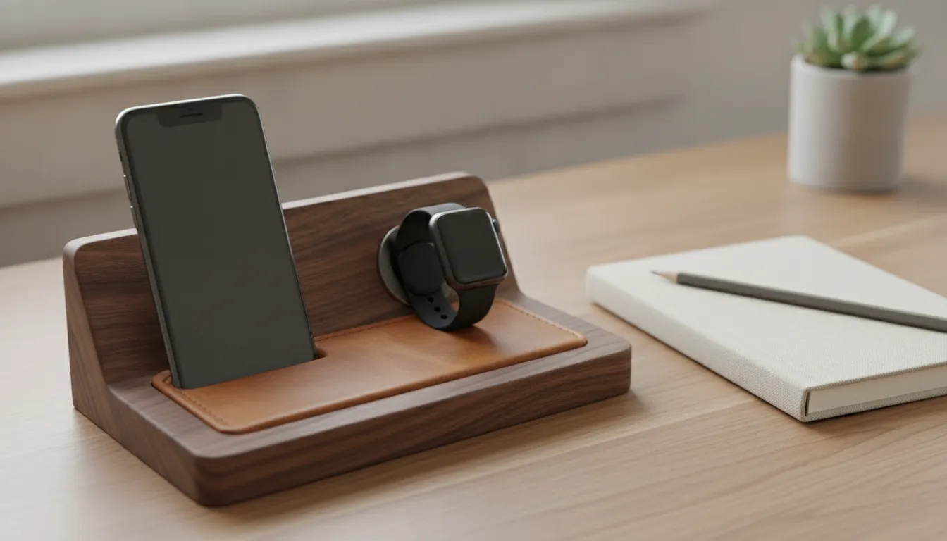 Landscape detail of wood grain and leather materials on a charging dock