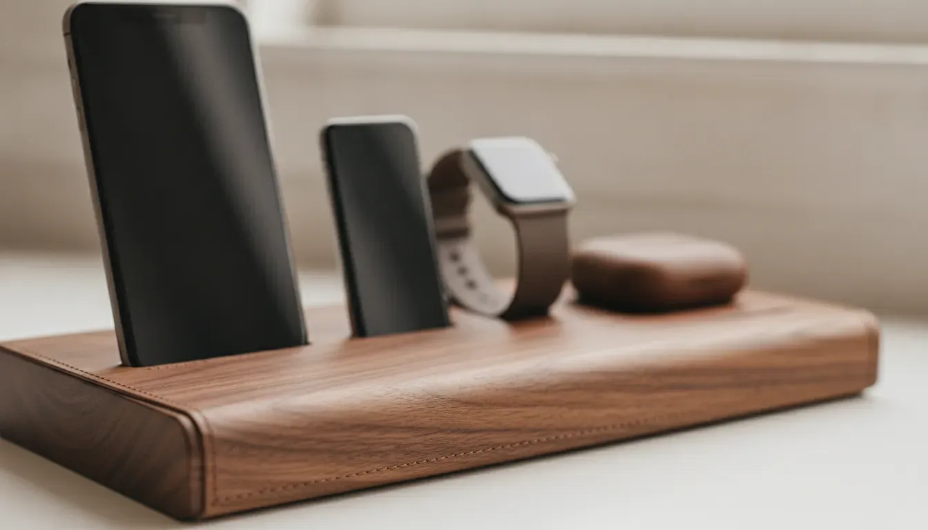 Real wood and full-grain leather on a 4 in 1 charging stand