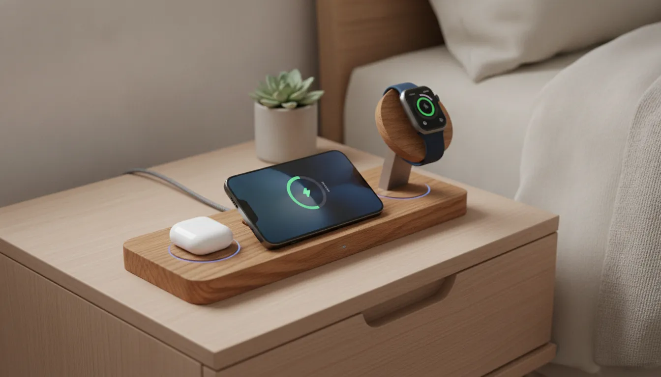 Multi-device wireless charging station on a nightstand charging iPhone, AirPods, and Apple Watch simultaneously