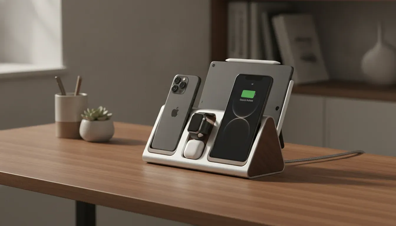 4 in 1 charging stand arranged on a tidy home office desk