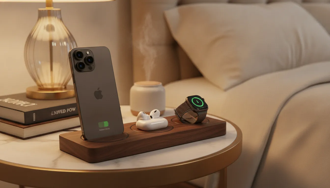Multi-device wireless charging station with iPhone, AirPods, and Apple Watch on walnut wood nightstand