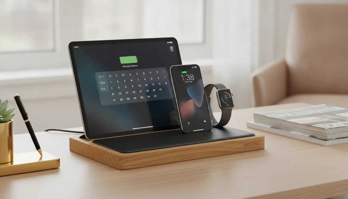 The NYTSTND QUAD charging station holding an iPad Pro, iPhone, and Apple Watch