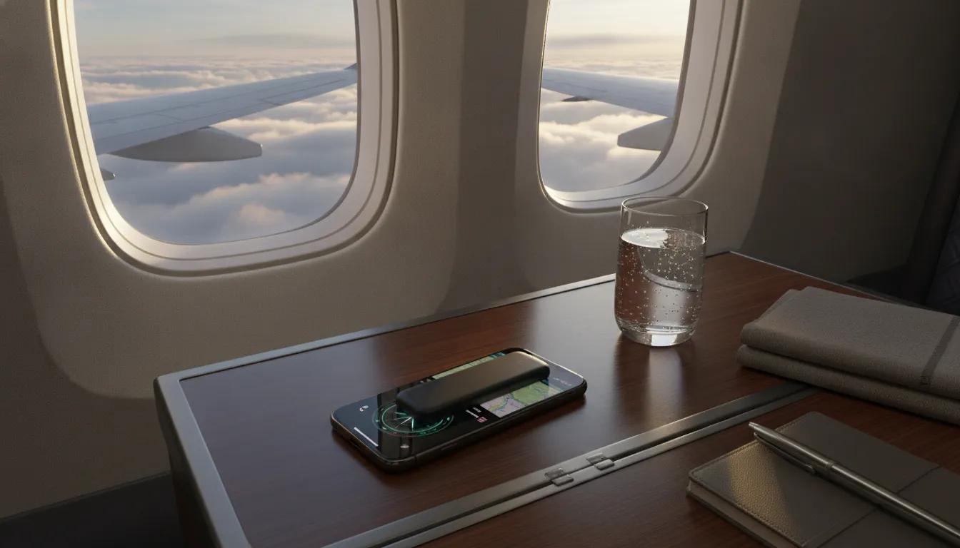 Slim black MagSafe power bank attached to iPhone on airplane tray table with window view