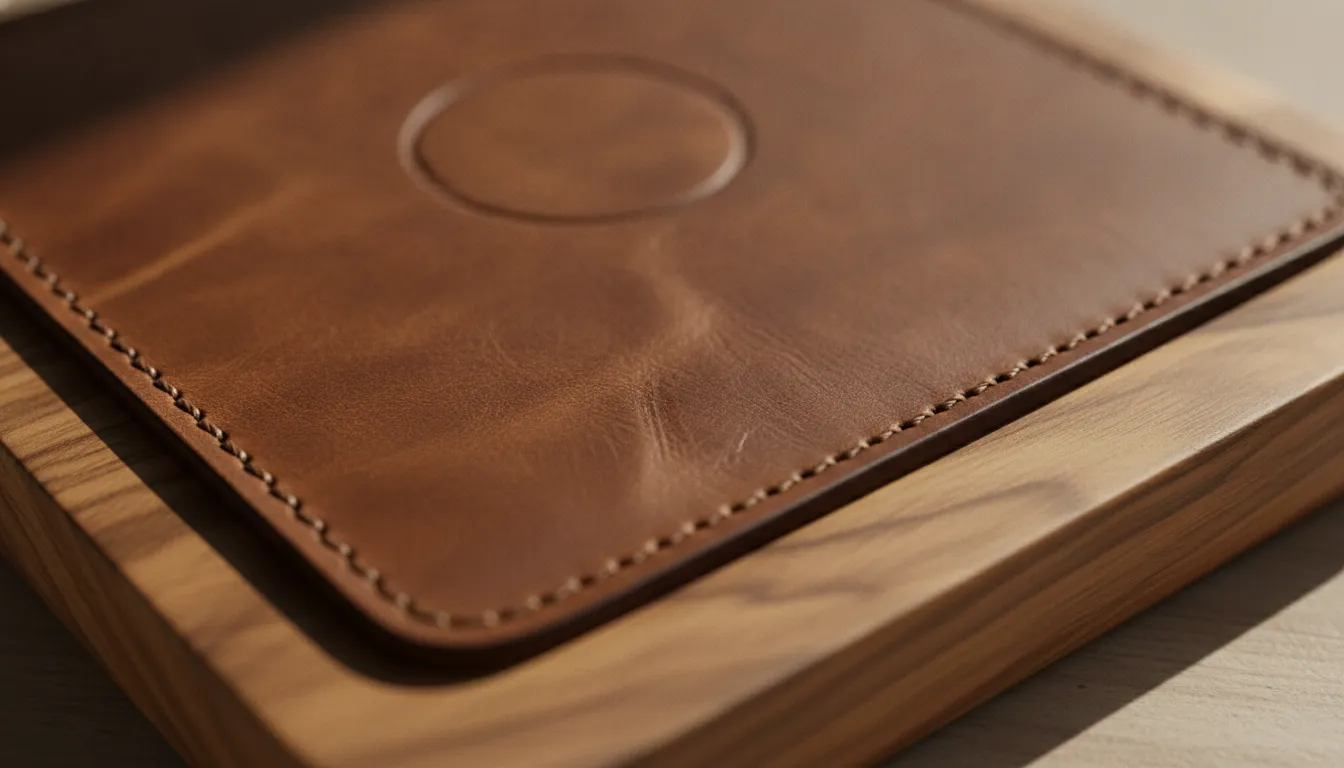 Close-up detail of full-grain leather surface on a handcrafted walnut wood charging station showing natural grain and stitching