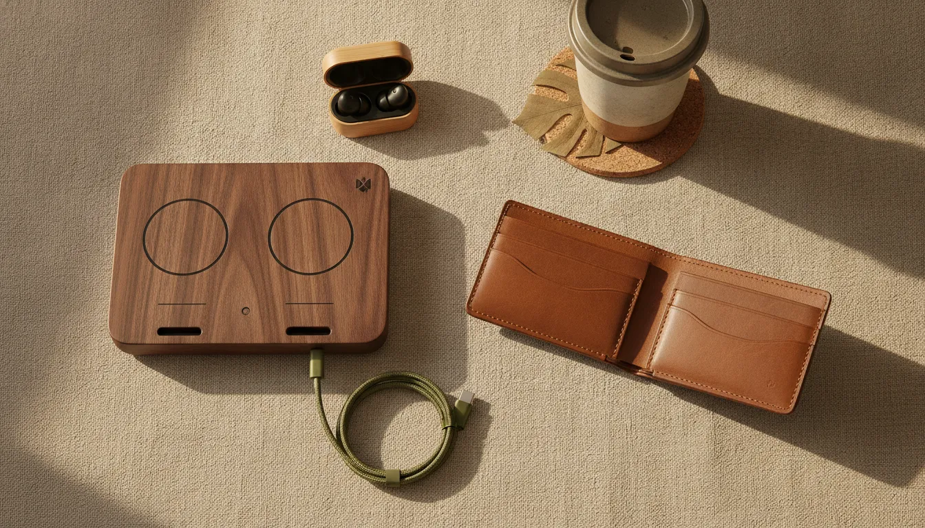 Flat lay of handcrafted wood charging station and full-grain leather wallet on linen, representing sustainable tech gifts