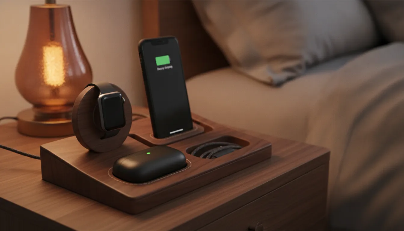 Handcrafted wood and leather multi-device charging station on a nightstand with iPhone and Apple Watch charging